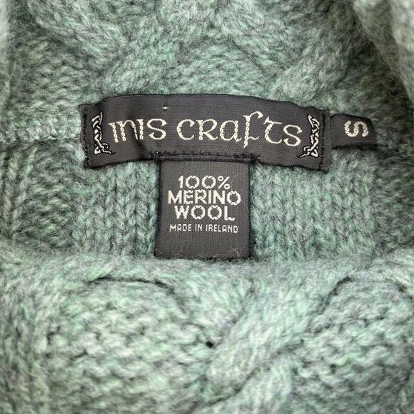 Vintage Green Turtleneck Wool Chunky Fisherman Sweater Inis Crafts Size Small - Picture 3 of 4